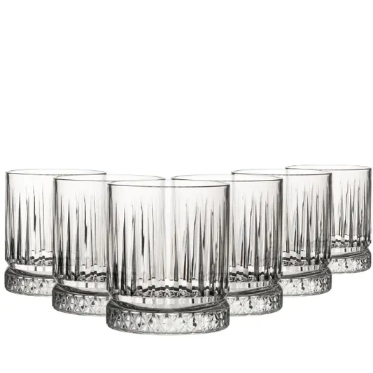 Set of six Elysia DOF glass tumblers by Glassware UK, 360ml whisky tumblers with clear, sturdy glass design.