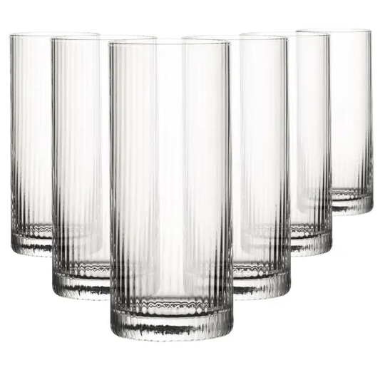 Set of six Glassware UK Hayworth highball whisky tumblers, 350ml, clear glass with a smooth, rounded design for drinks.