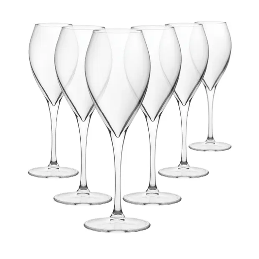 Set of six Monte Carlo wine glasses by Glassware UK, 340ml, clear glass with elegant bowl and sturdy stem, perfect for wine tasting.