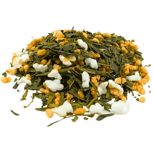Porter Hill Tea Company Genmaicha green tea in a clear glass cup with toasted rice and green tea leaves visible.