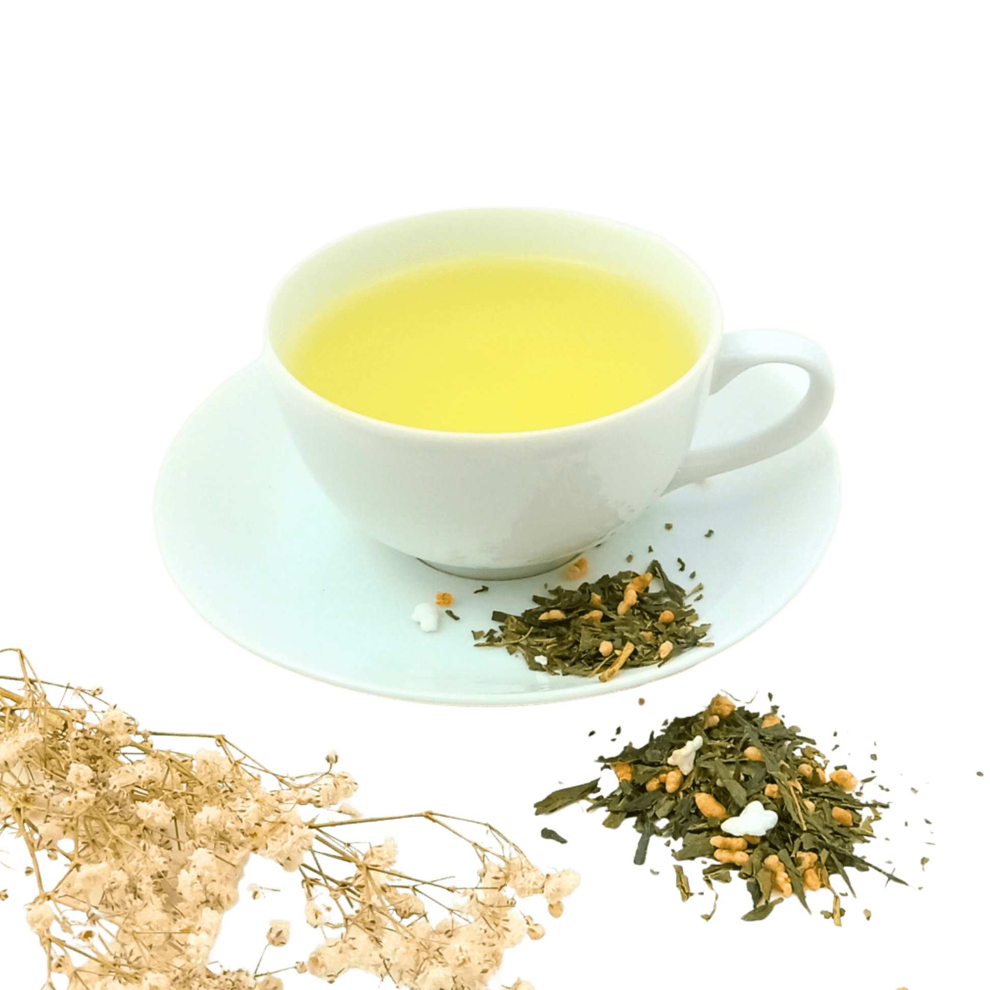 Bowl of Porter Hill Tea Company Genmaicha green tea with toasted rice grains and green tea leaves in a traditional setting