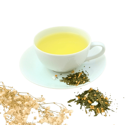 Bowl of Porter Hill Tea Company Genmaicha green tea with toasted rice grains and green tea leaves in a traditional setting