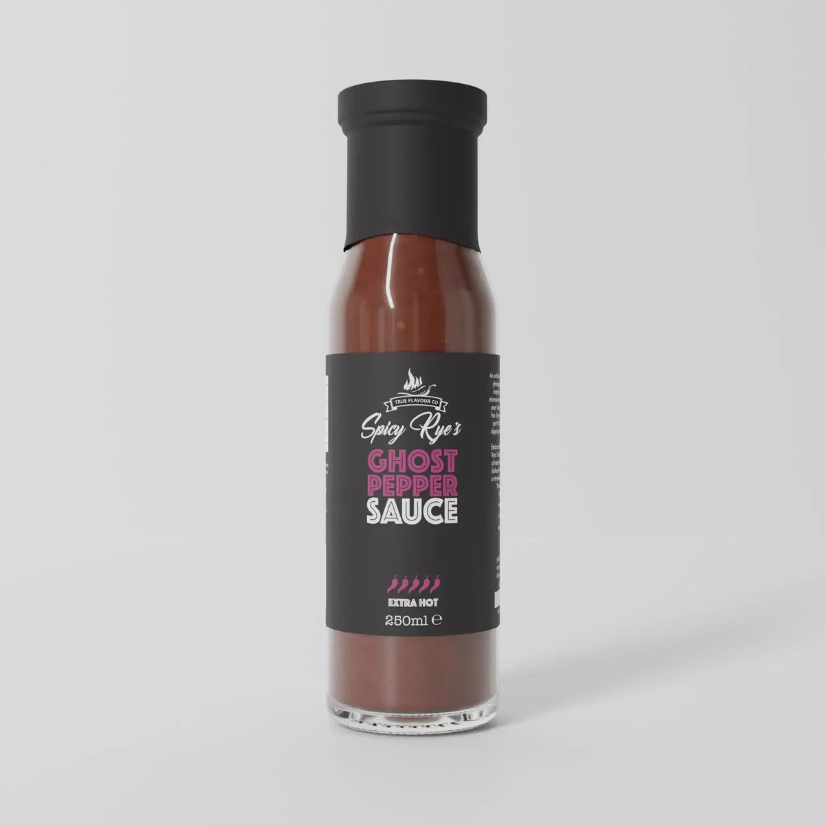 Spicy Ryes Ghost Pepper Hot Sauce bottle with bright label and fiery sauce visible inside, designed for intense heat and flavor.