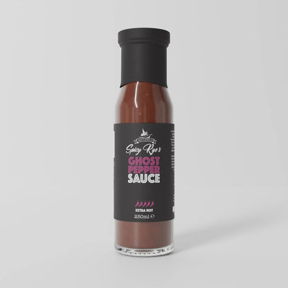 Spicy Ryes Ghost Pepper Hot Sauce bottle with bright label and fiery sauce visible inside, designed for intense heat and flavor.