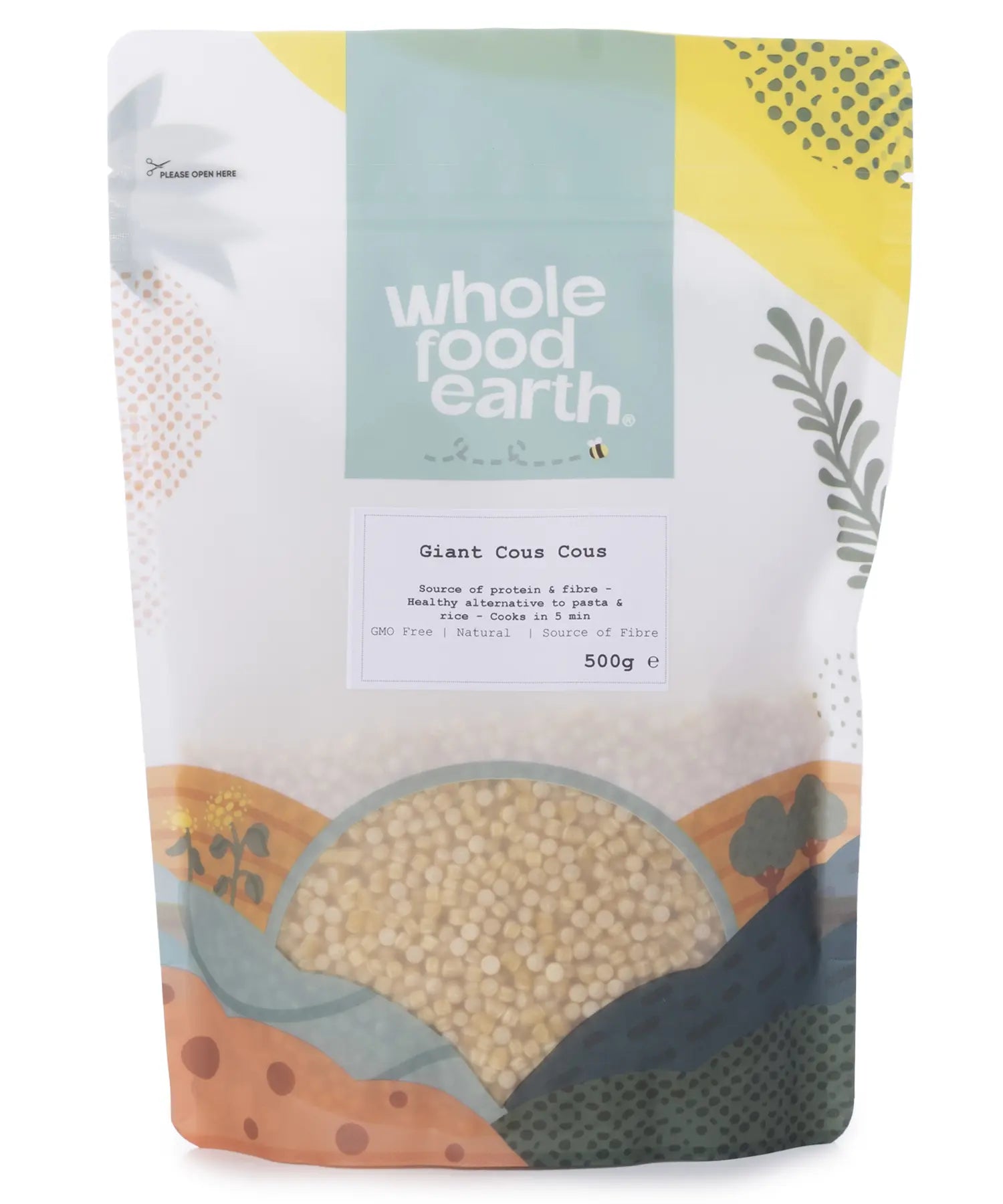 Whole Food Earth giant couscous in a 500g package, showing the large, round pasta grains used in rice and couscous dishes.