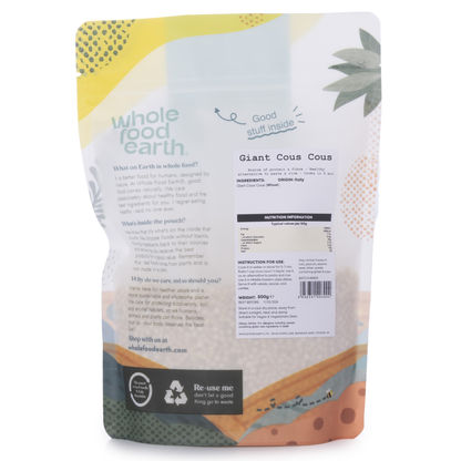 Giant couscous from Whole Food Earth, 500g package, showing large, round pearl-like grains in a natural setting.