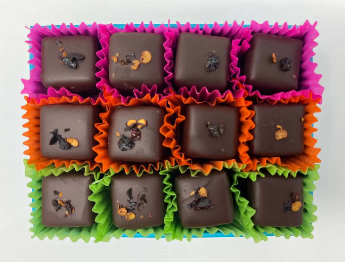 Gorvett & Stone gift box featuring gourmet chipotle chili chocolates with rich, smoky chili flavor in a decorative box.