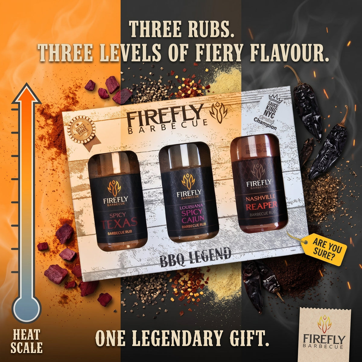 FireFly Barbecue 3-pack spicy BBQ rubs gift set with jars of flavorful spice blends for grilling and barbecue enthusiasts.
