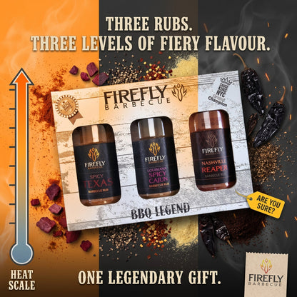 FireFly Barbecue 3-pack spicy BBQ rubs gift set with jars of flavorful spice blends for grilling and barbecue enthusiasts.