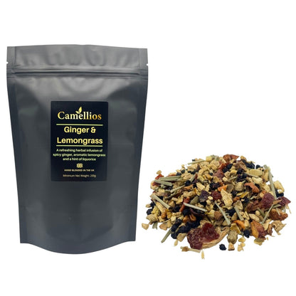 Loose leaf Ginger & Lemongrass tea from Camellios, showing fresh ginger and lemongrass herbs in a clear jar.