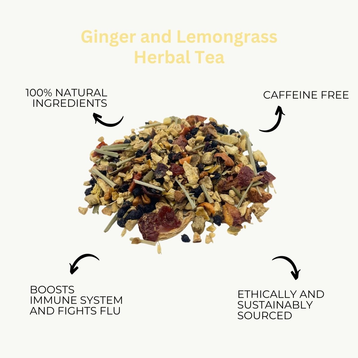 Camellios herbal loose leaf tea selection featuring ginger-infused tea and infusions in a glass jar.