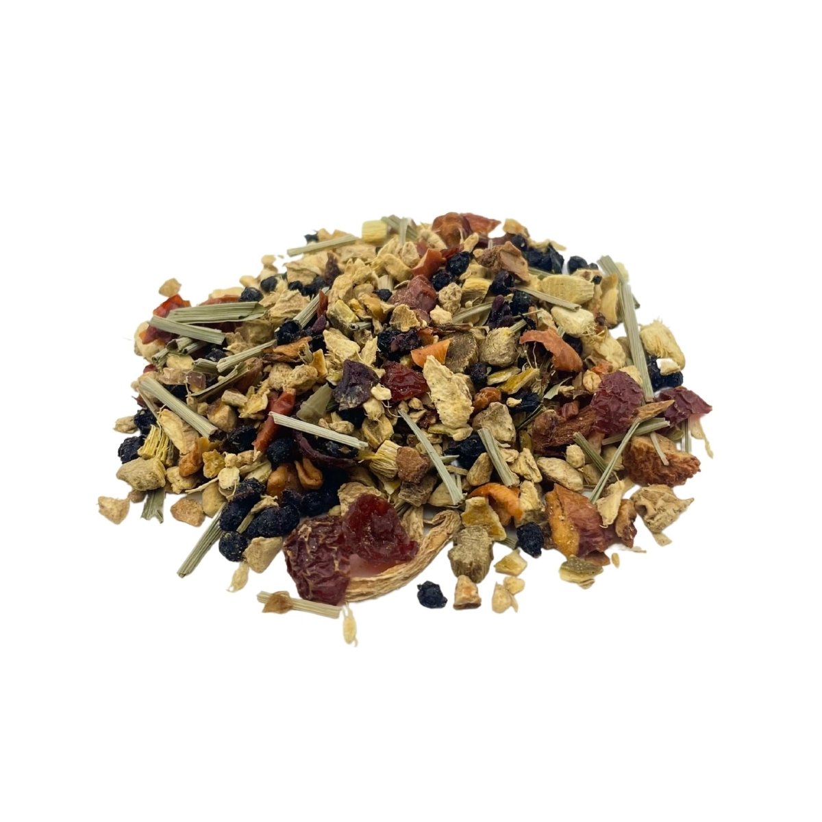 Loose leaf ginger and lemongrass tea from Camellios, showing fresh dried herbs in a clear jar.