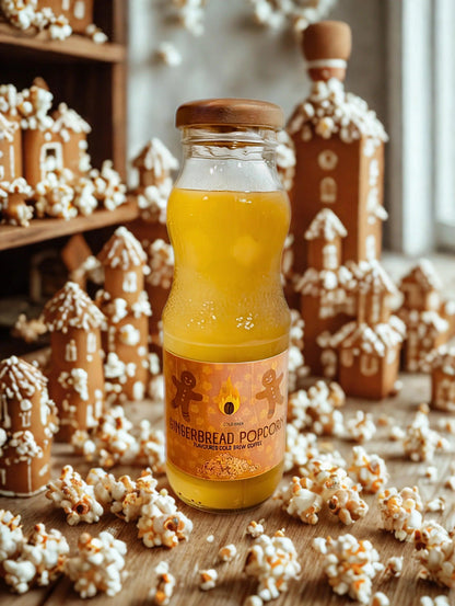 Creamy gingerbread popcorn-flavored cold brew coffee from Ignite Coffee Co in a clear glass mug with whipped cream topping.
