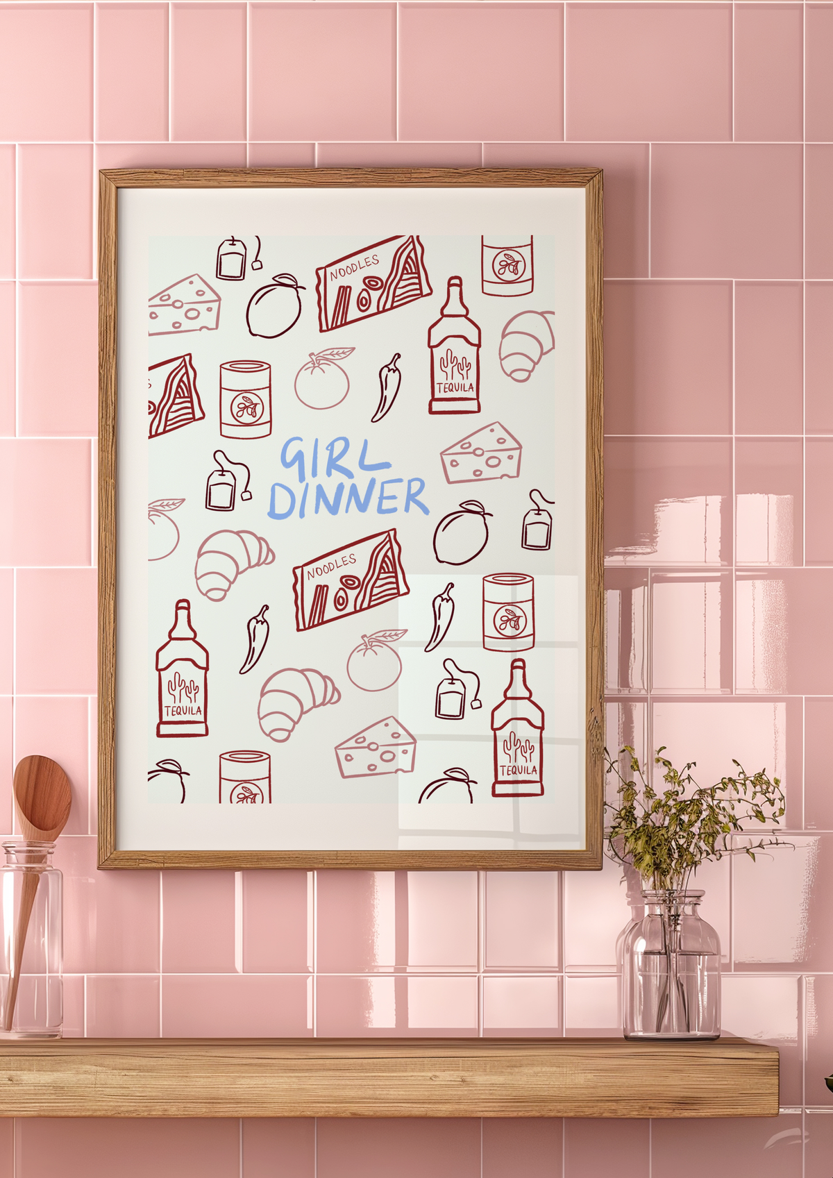 Girl dinner kitchen print featuring wine and food slogans, designed by Peak Prints, with colorful food and drink illustrations.