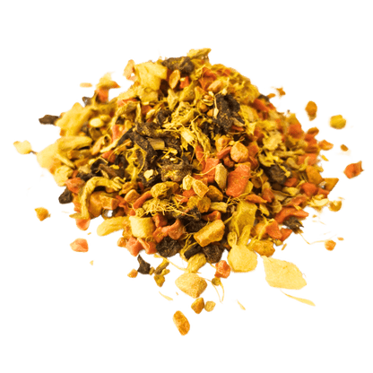 Loose leaf Glow wellness tea from Porter Hill Tea Company, featuring vibrant fruit and herbal ingredients in a clear container.