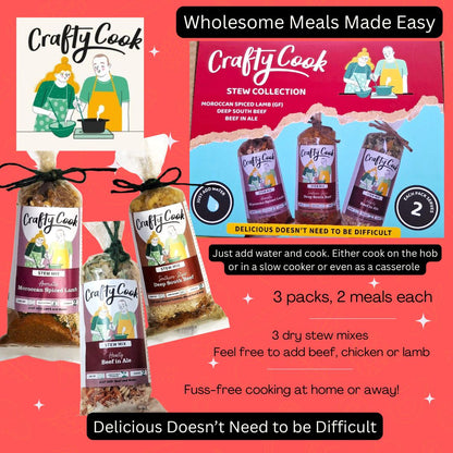 Crafty Cook gluten-free stew mix in a 2-bundle box collection, featuring three 2-serving boxes for easy meal prep.