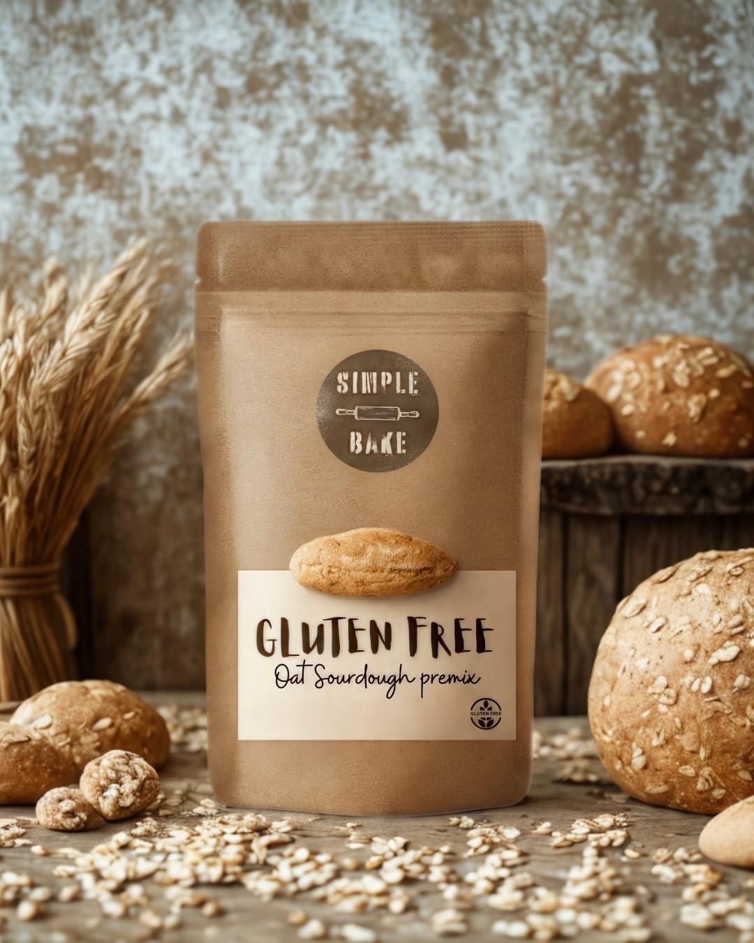 Simple Bake gluten-free oat bread premix in a bag, ready for baking healthy, hearty bread at home.