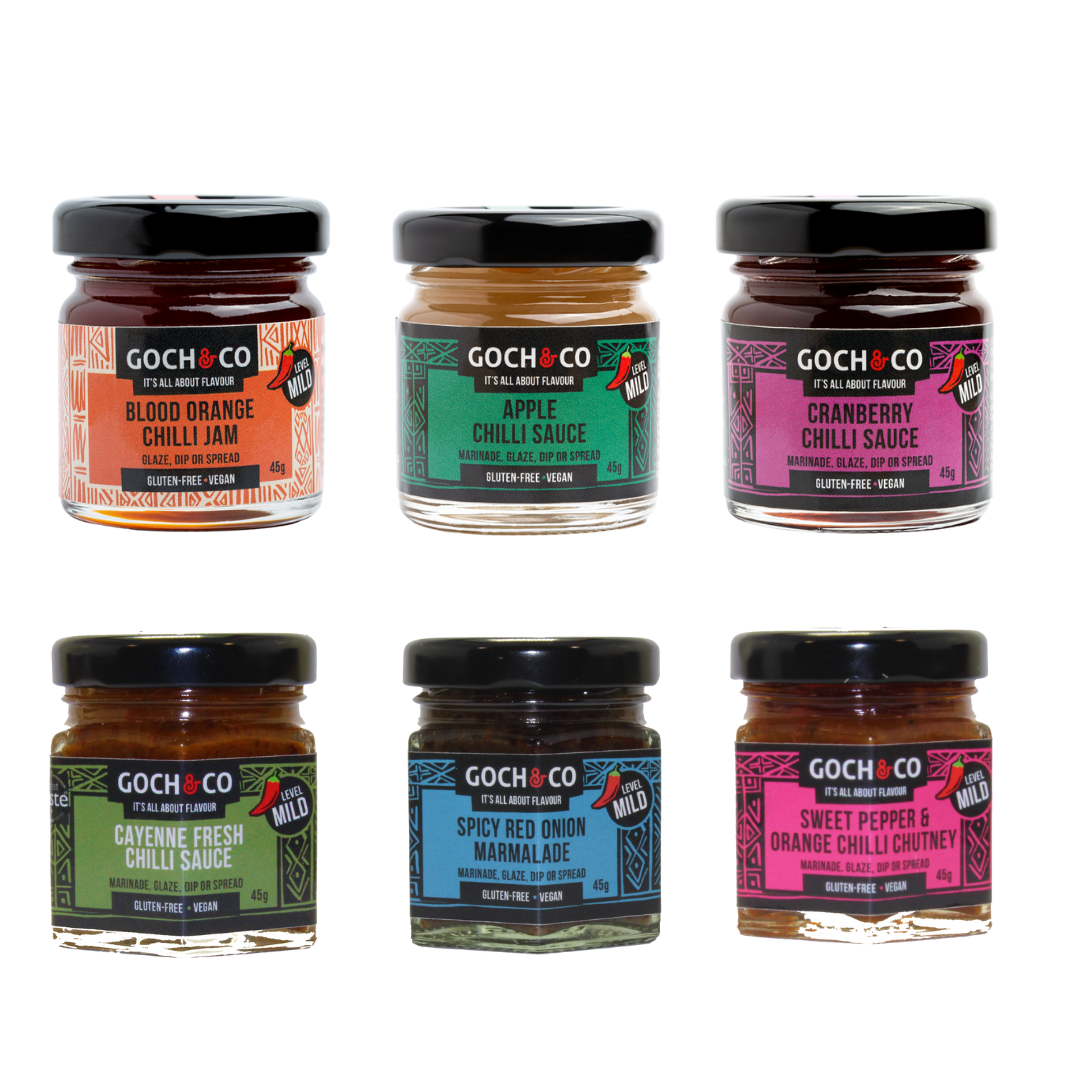 A collection of six jars of Goch & Co's award-winning chilli sauces, jams, and chutney, arranged in a grid layout against a white background.