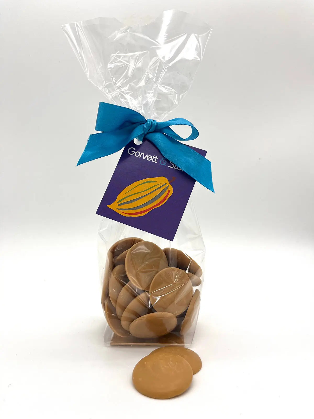 Gold Gorvett & Stone chocolate couverture buttons for baking, round, shiny, and smooth, ideal for confectionery decoration.