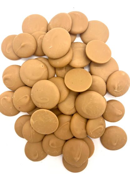 Gold chocolate couverture buttons from Gorvett & Stone, 1kg bag, shiny gold coating, round shape, ideal for confectionery and baking.