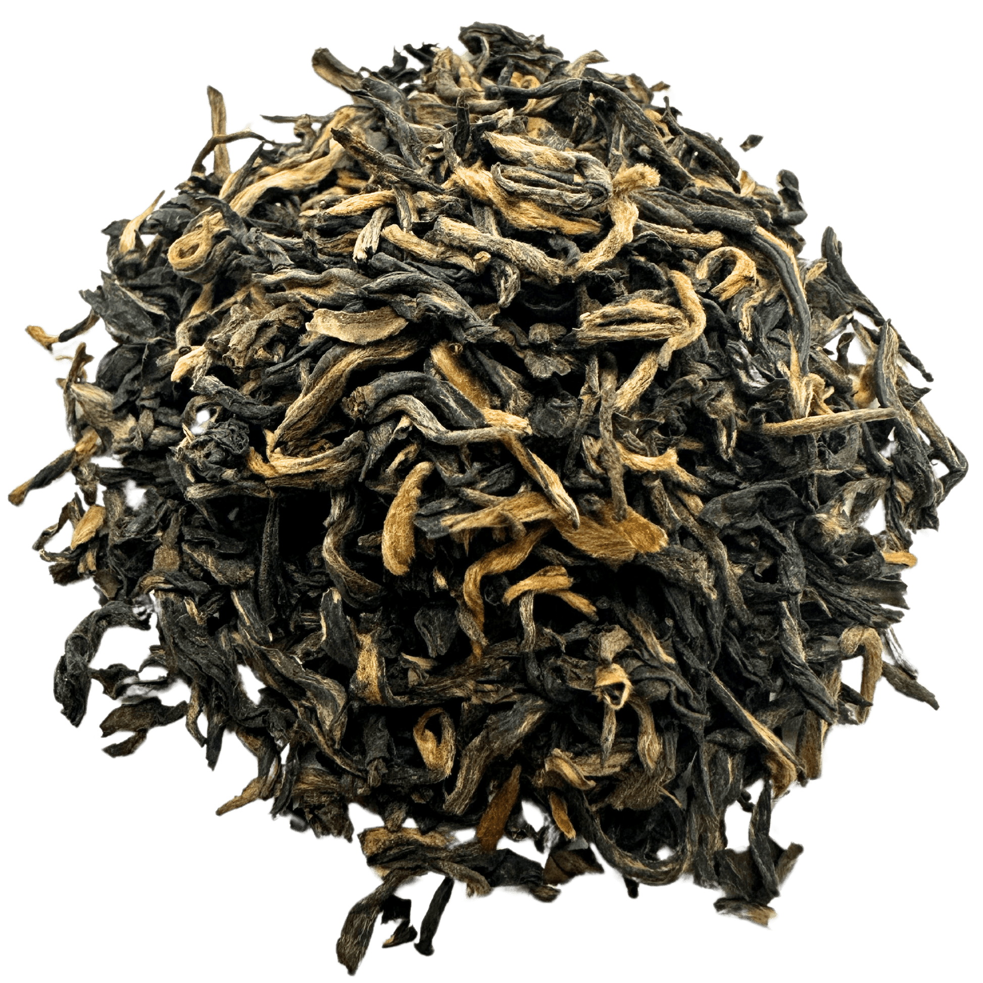 Golden Heaven Yunnan black tea by Porter Hill Tea Company, brewed in a cup with golden-brown liquor and whole tea leaves.