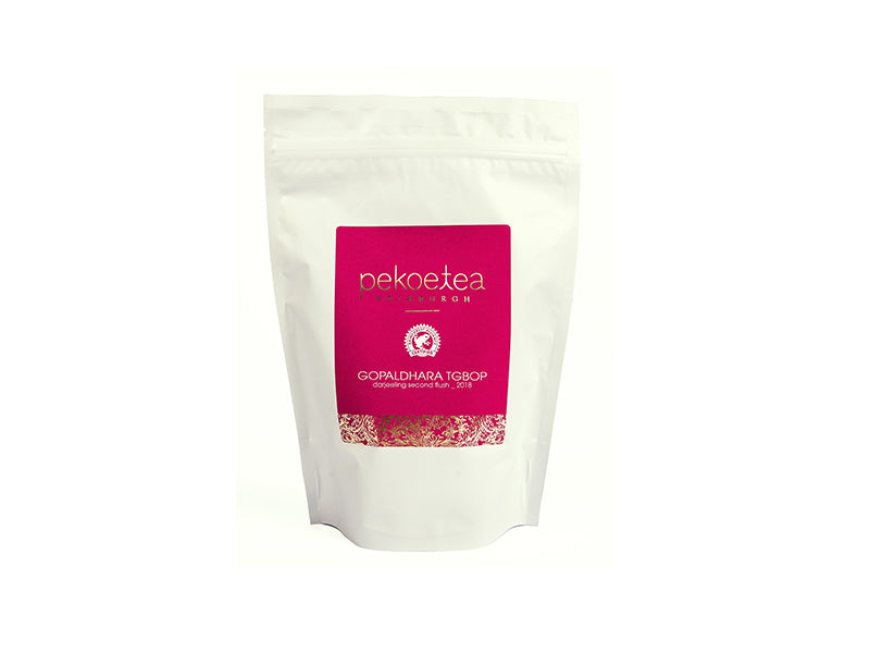 Gopaldhara TGBOP Second Flush Darjeeling tea from PekoeTea Edinburgh, showing dried tea leaves in a 250g package.