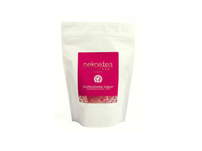 Gopaldhara TGBOP Second Flush Darjeeling tea from PekoeTea Edinburgh, showing dried tea leaves in a 250g package.