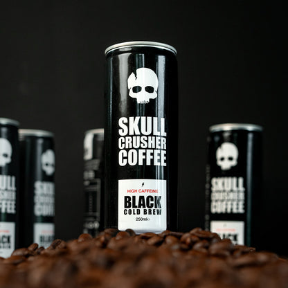 Cold brew coffee cans by Skull Crusher Coffee, 6-pack of 250ml cans with high caffeine content, ready to enjoy.