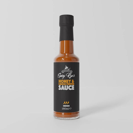 Spicy Ryes Honey & Lemon Pepper Hot Sauce bottle with vibrant label, showcasing the flavorful sauce in a clear glass bottle.