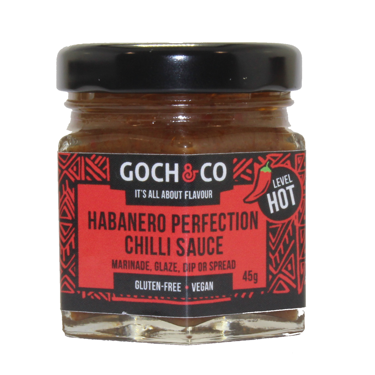 Spicy Habanero Perfection Chili Sauce bottle by Goch & Co with vibrant red sauce and fresh chili peppers on the label