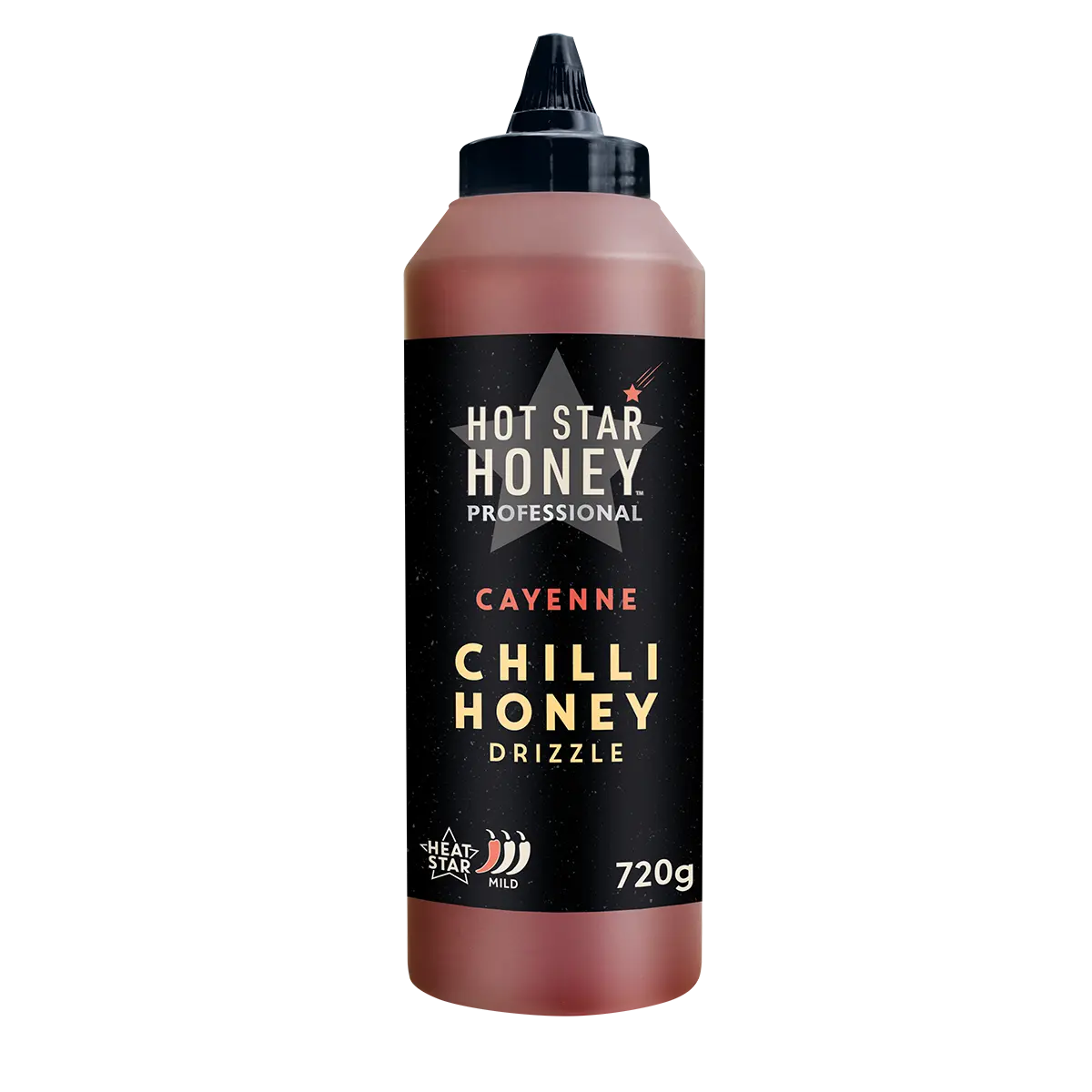 Spicy cayenne chilli honey in a 720g jar from Hot Star Honey, showcasing the golden honey with red chilli flakes.