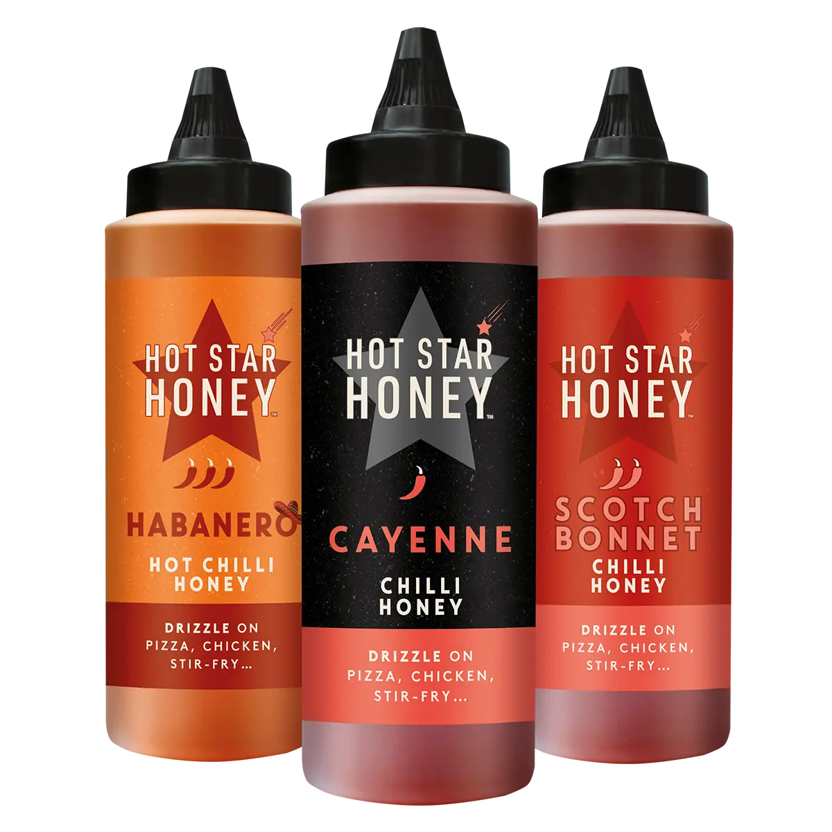 Set of three Hot Star Honey chilli honey jars with vibrant labels, showcasing spicy and sweet honey blends for culinary use.
