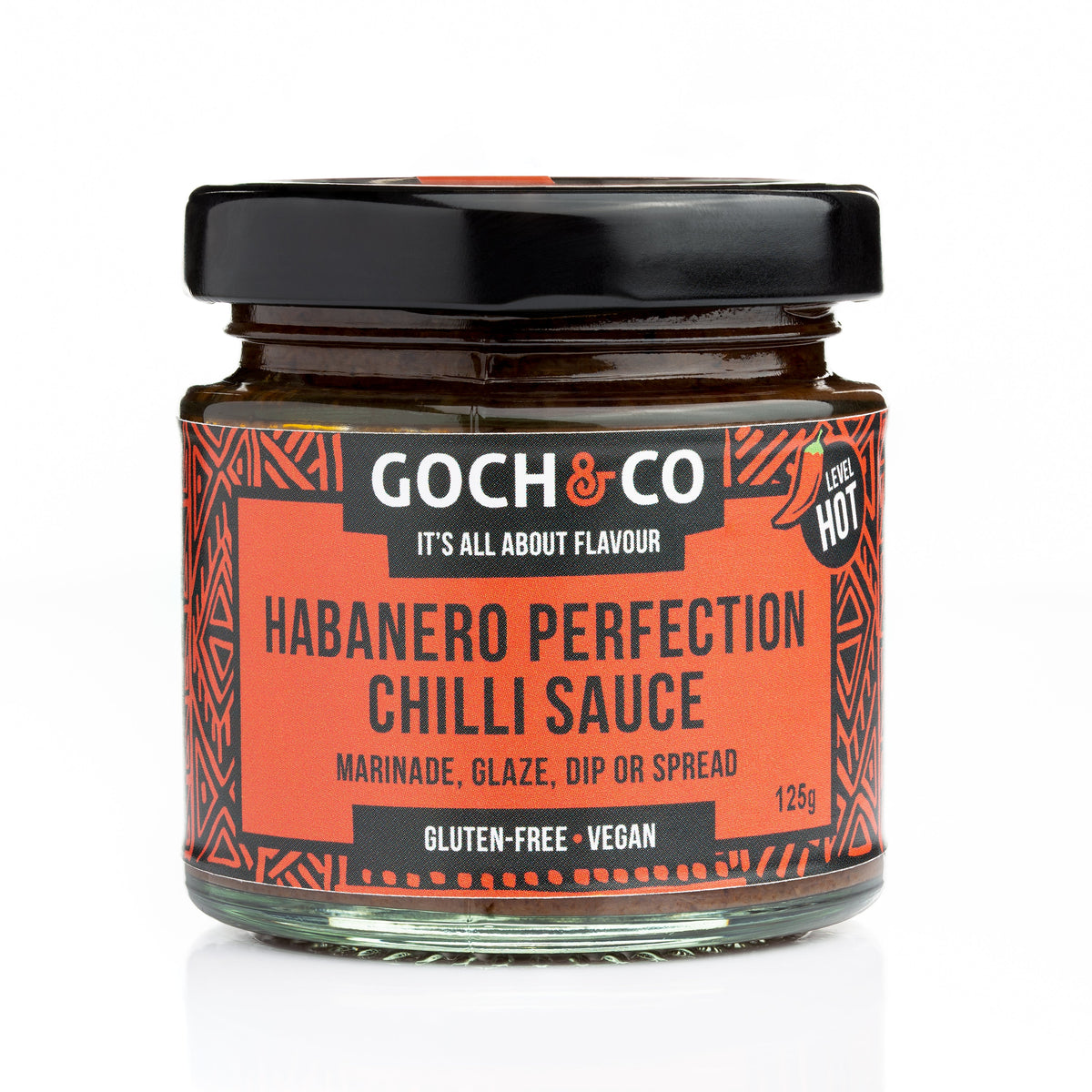 Goch & Co Habanero Perfection Chilli Sauce bottle with vibrant label and fresh habanero peppers beside it, highlighting spicy flavor.