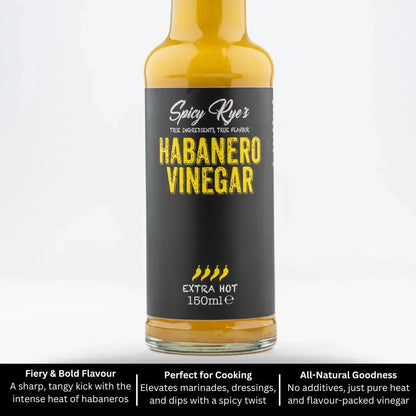 Spicy Ryes Habanero Vinegar bottle with red and orange label, showcasing the vibrant habanero pepper flavor for culinary use.