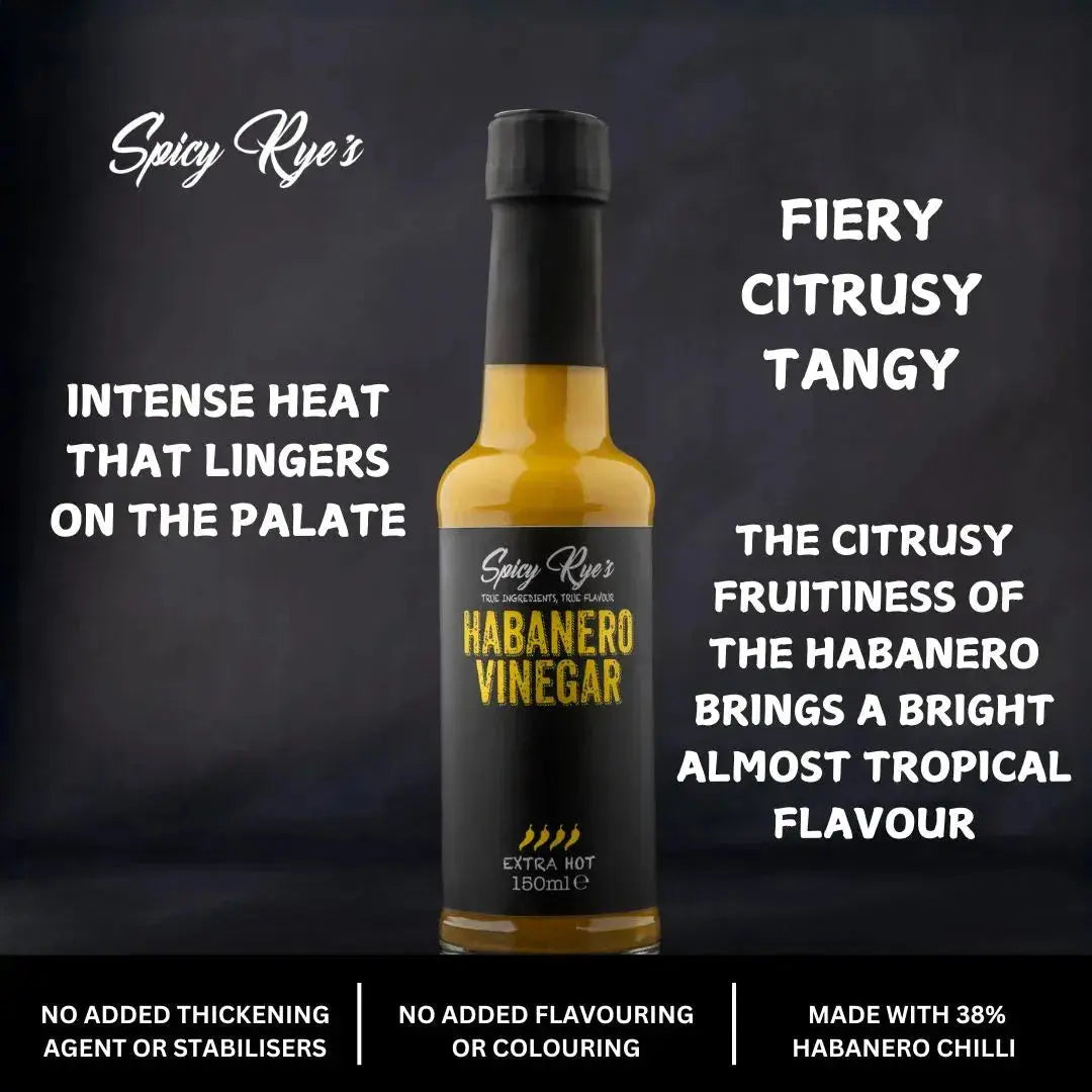 Spicy Ryes habanero vinegar bottle with vibrant red and orange peppers, showcasing the fiery hot sauce in a clear glass bottle.