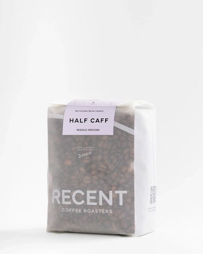 Recent Beans Middle Ground Medium Roast Coffee in 500g bag, showcasing the coffee packaging with a focus on the label.