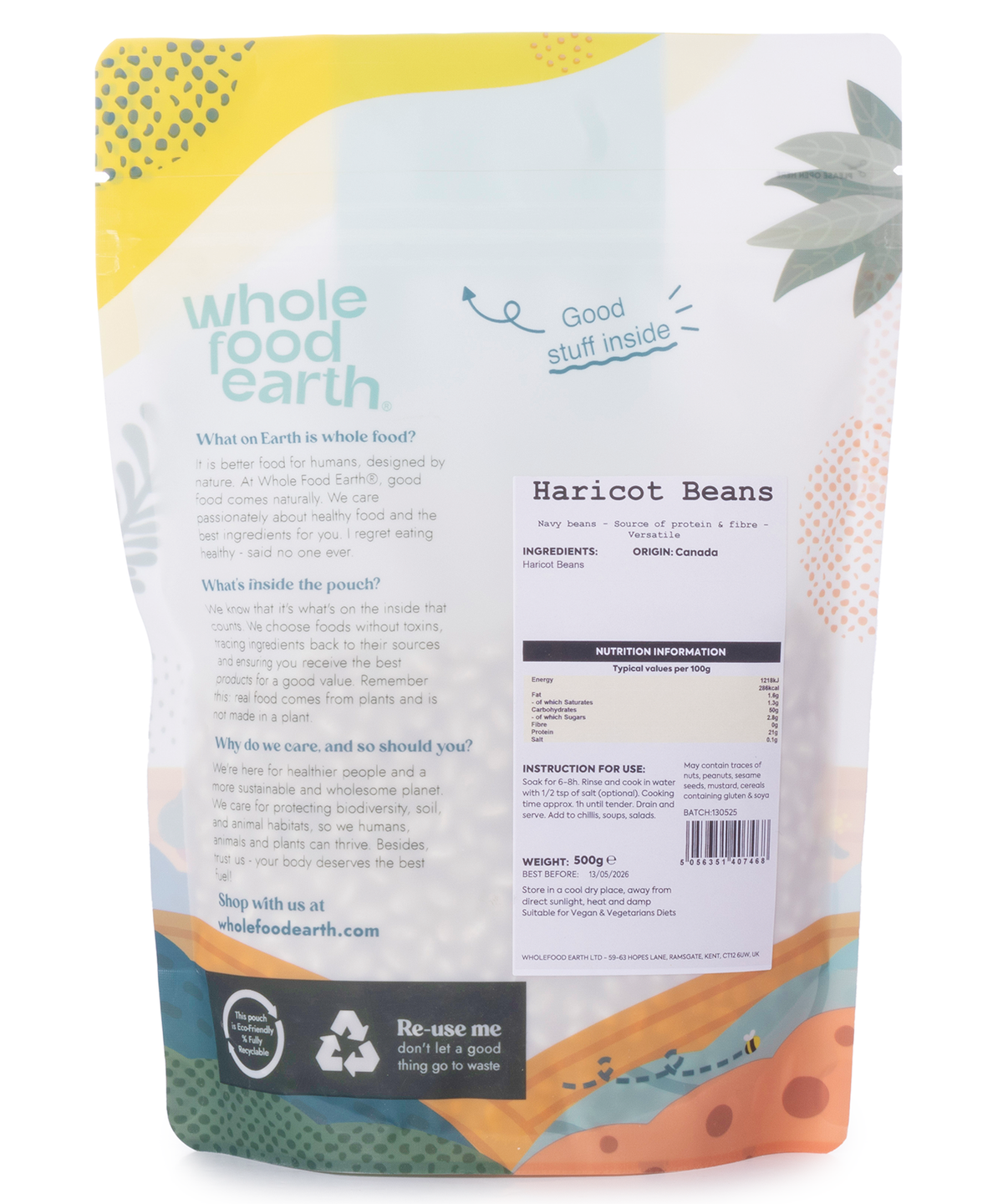 Whole Food Earth haricot beans in 500g pack, fresh and dried beans for cooking and healthy meals.