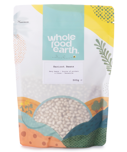Whole Food Earth haricot beans in 500g pack, showing plump beige beans from the beans and pulses category.