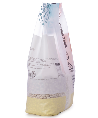 Whole Food Earth haricot beans, 1kg pack, showing dry white beans with smooth surface, ideal for cooking healthy meals.