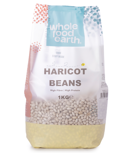 Whole Food Earth haricot beans, 1kg package, showing dry, white beans in a clear bag from the Beans & Pulses category.
