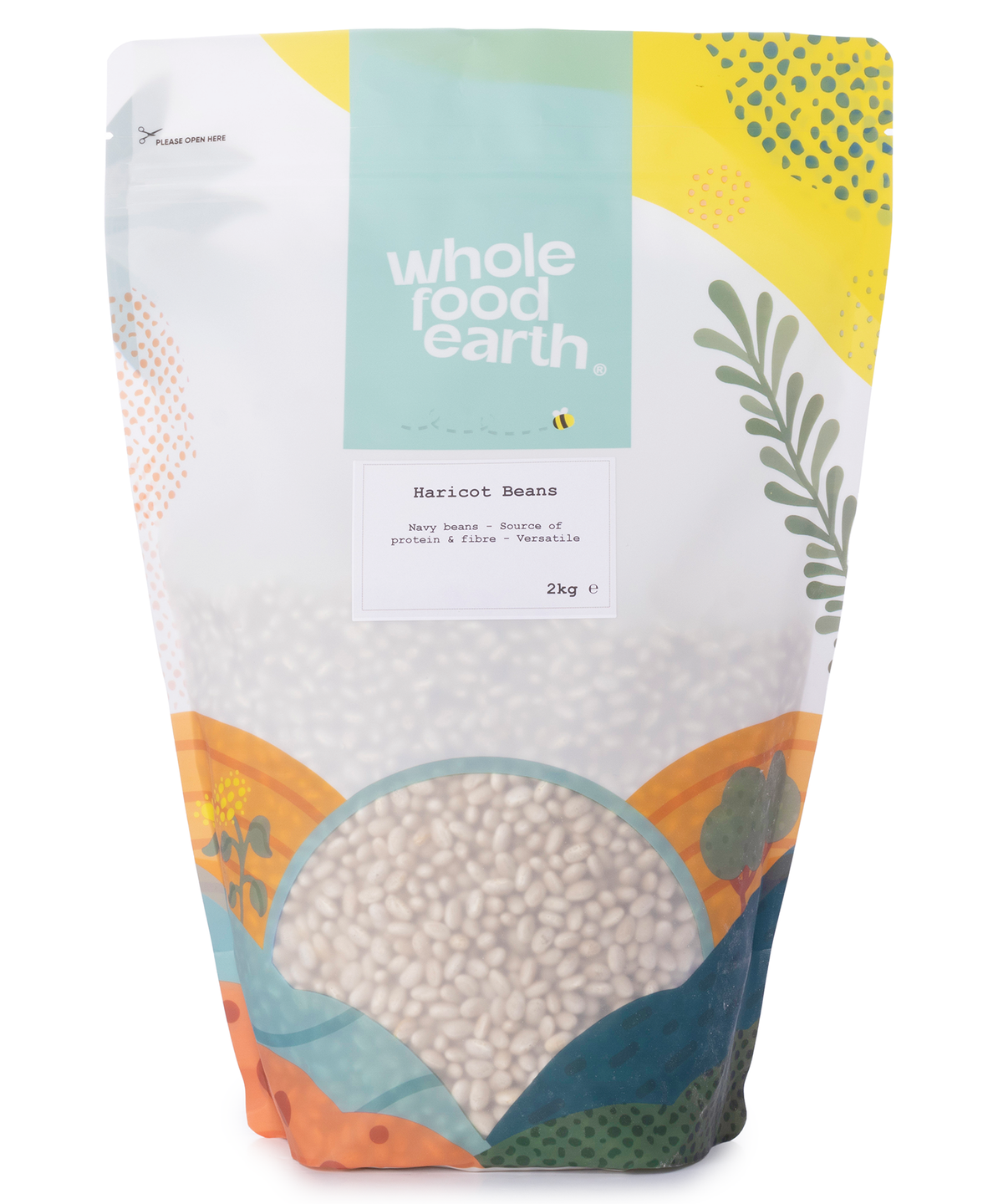 Whole Food Earth haricot beans in a 2kg bag, fresh dried beans for cooking and nutritious meals.