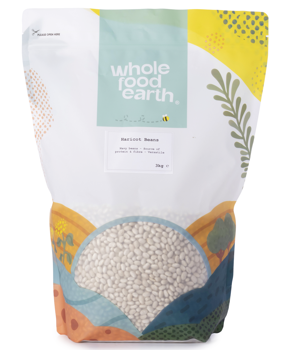 Whole Food Earth haricot beans in a 3kg bag, showing plump, dried beans ideal for soups and stews.