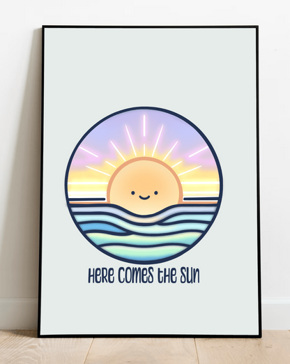 Colorful Here Comes the Sun art print by KEOLIX featuring vibrant sun and sky design, perfect for wall decor.