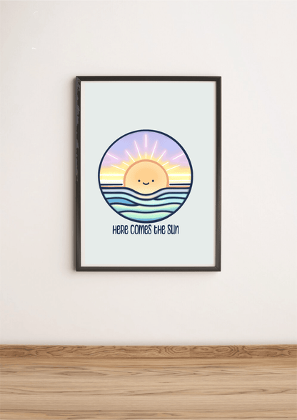 KEOLIX Here Comes the Sun art print featuring vibrant, colorful sun and nature scene on high-quality print for wall decor.