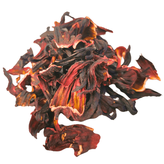 Bright red hibiscus flowers and leaves in a cup of Porter Hill Tea Company fruit and herbal hibiscus tea.