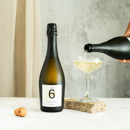 Glass of Turn 6 alcohol-free sparkling white wine with bubbles in a clear glass, showcasing its crisp and refreshing appearance.