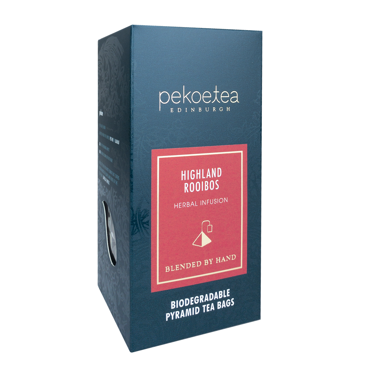 Cups of PekoeTea Edinburgh Highland Rooibos herbal tea with dried rooibos leaves in a rustic setting.