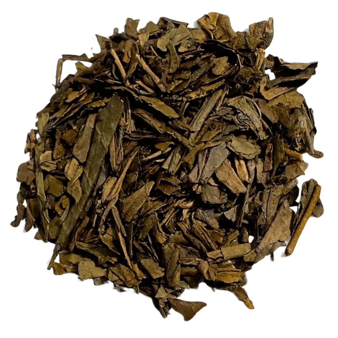 Porter Hill Tea Company's Japanese Hojicha green tea in a package, showcasing the roasted tea leaves and traditional branding.