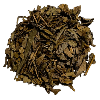 Porter Hill Tea Company's Japanese Hojicha green tea in a package, showcasing the roasted tea leaves and traditional branding.