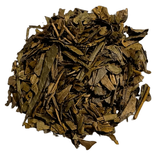 Porter Hill Tea Company's Japanese Hojicha green tea in a package, showcasing the roasted tea leaves and traditional branding.